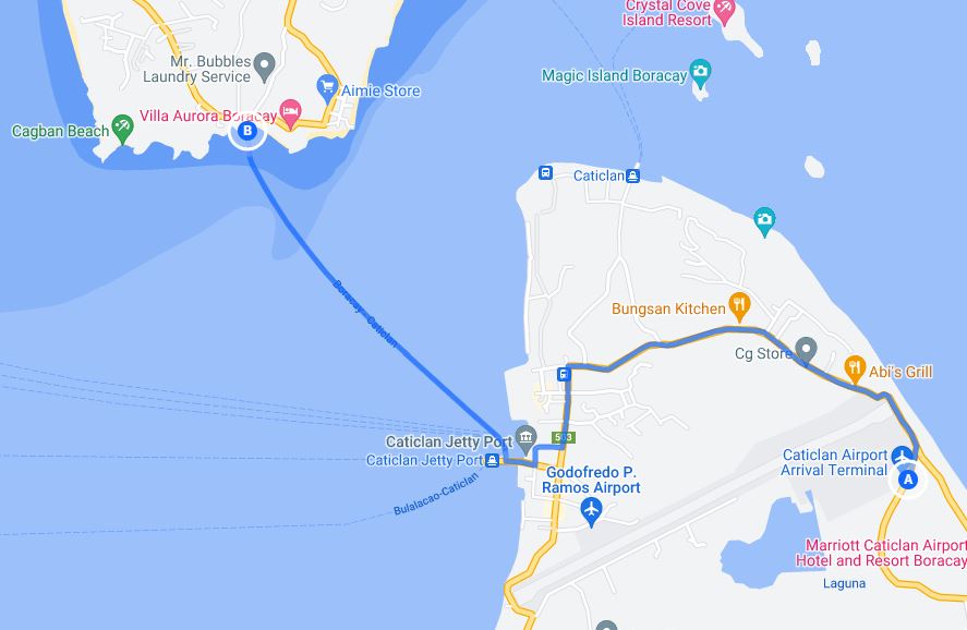 Map directions from Caticlan Airport Arrival Terminal to Cagban Jetty Port on Boracay Island