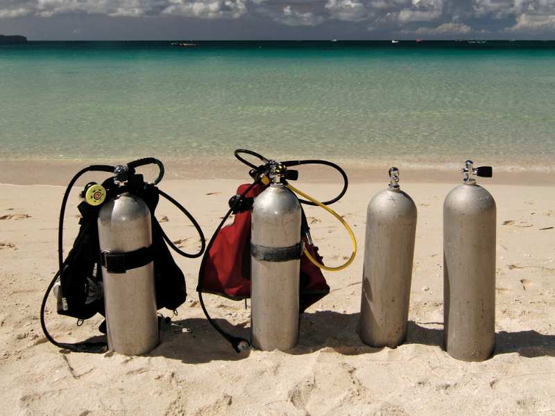 Tanks on the beach in Boracay ready for an awesome day of scuba diving