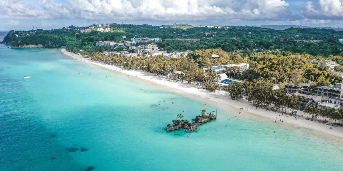 Drone view of Boracay Island with Whites Beach in front