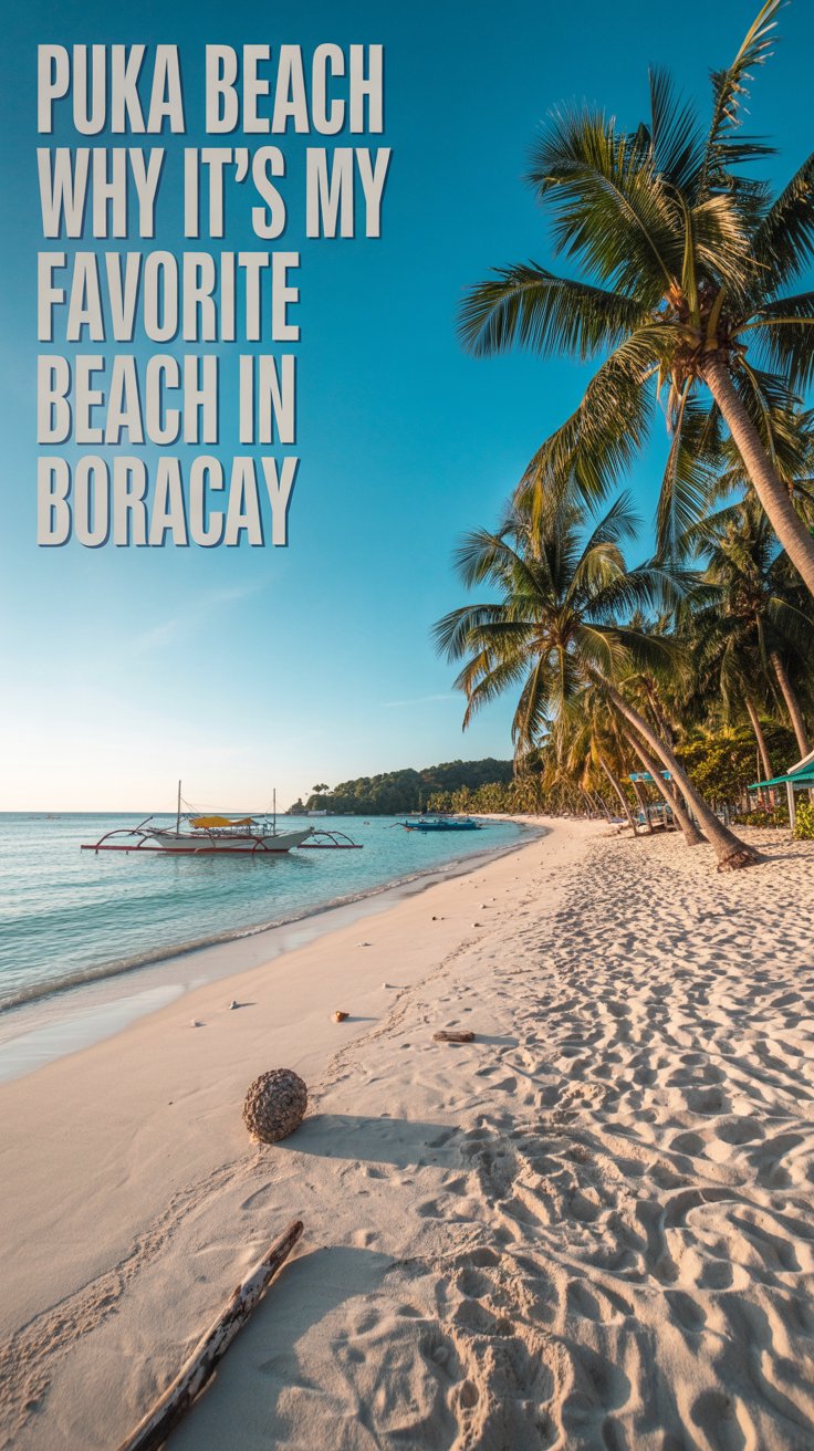 A vibrant travel photography image showcasing "Puka Beach Why It’s My Favorite Beach in Boracay" overlaid in a stylish font aligned to the left. The primary focus is a pristine, crescent-shaped beach with powdery white sand gently sloping into turquoise waters, with a few scattered seashells and driftwood adding natural texture. Towering palm trees sway gently along the shoreline, casting dappled shadows on the sand, while a few distant, traditional Filipino outrigger boats are anchored in the calm waters under a bright, cloudless sky. The scene is bathed in warm, golden sunlight creating a sense of serenity and tropical paradise.