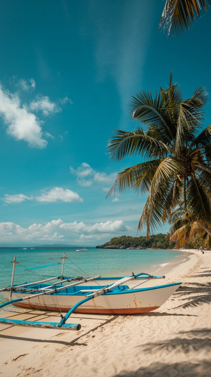 A photograph of Puka Beach on Boracay Island, bathed in the warm light of a bright sunny day. The pristine white sand stretches along a gently curving shoreline, meeting the turquoise waters of the Philippine Sea. A single, weathered wooden outrigger boat rests on the sand, its vibrant blue paint slightly faded from the sun and sea, and a few palm trees lean gracefully over the water. The sky is a clear azure with a few fluffy white clouds, creating a tranquil and idyllic scene.