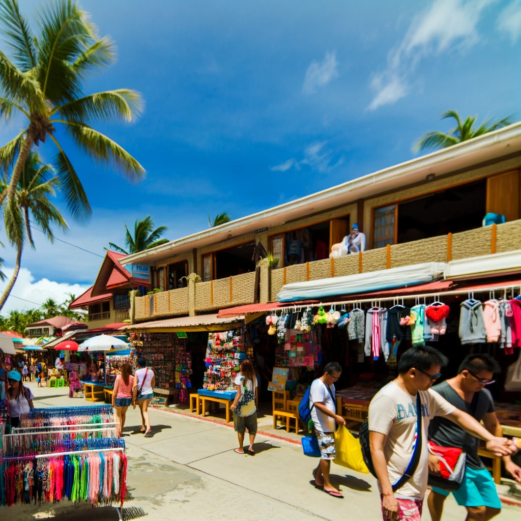 A bustling outdoor shopping scene at D'Mall in Boracay Island, Philippines. The image features a variety of small, colorful shops and stalls.