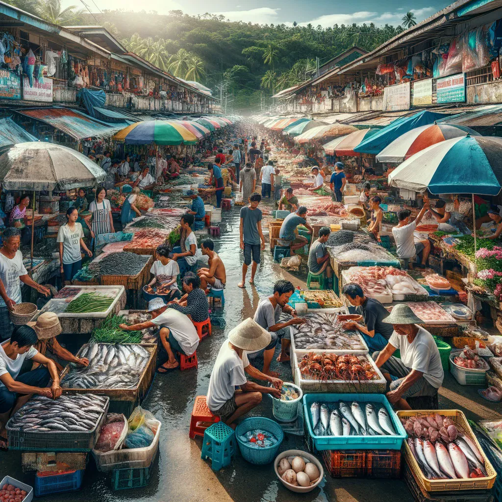 A bustling scene at D'Talipapa wet market in Boracay, Philippines. The market is filled with vendors and shoppers amidst a variety of seafood stalls