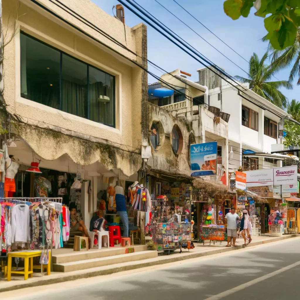 A vibrant street scene in Boracay, Philippines, showing a variety of small shops lined along a bustling beachside road