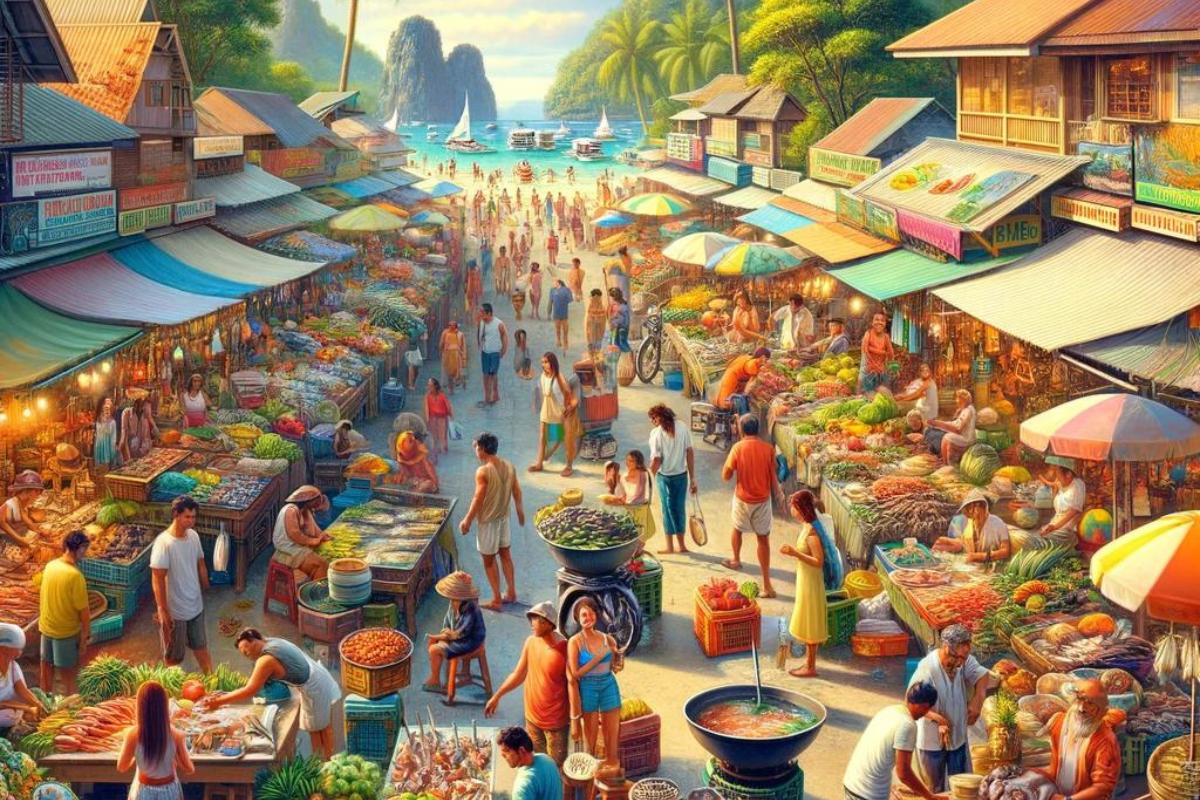 A bustling tropical market scene at D'Talipapa Boracay, Philippines. The market is crowded with diverse tourists and local vendors. Stalls are laden