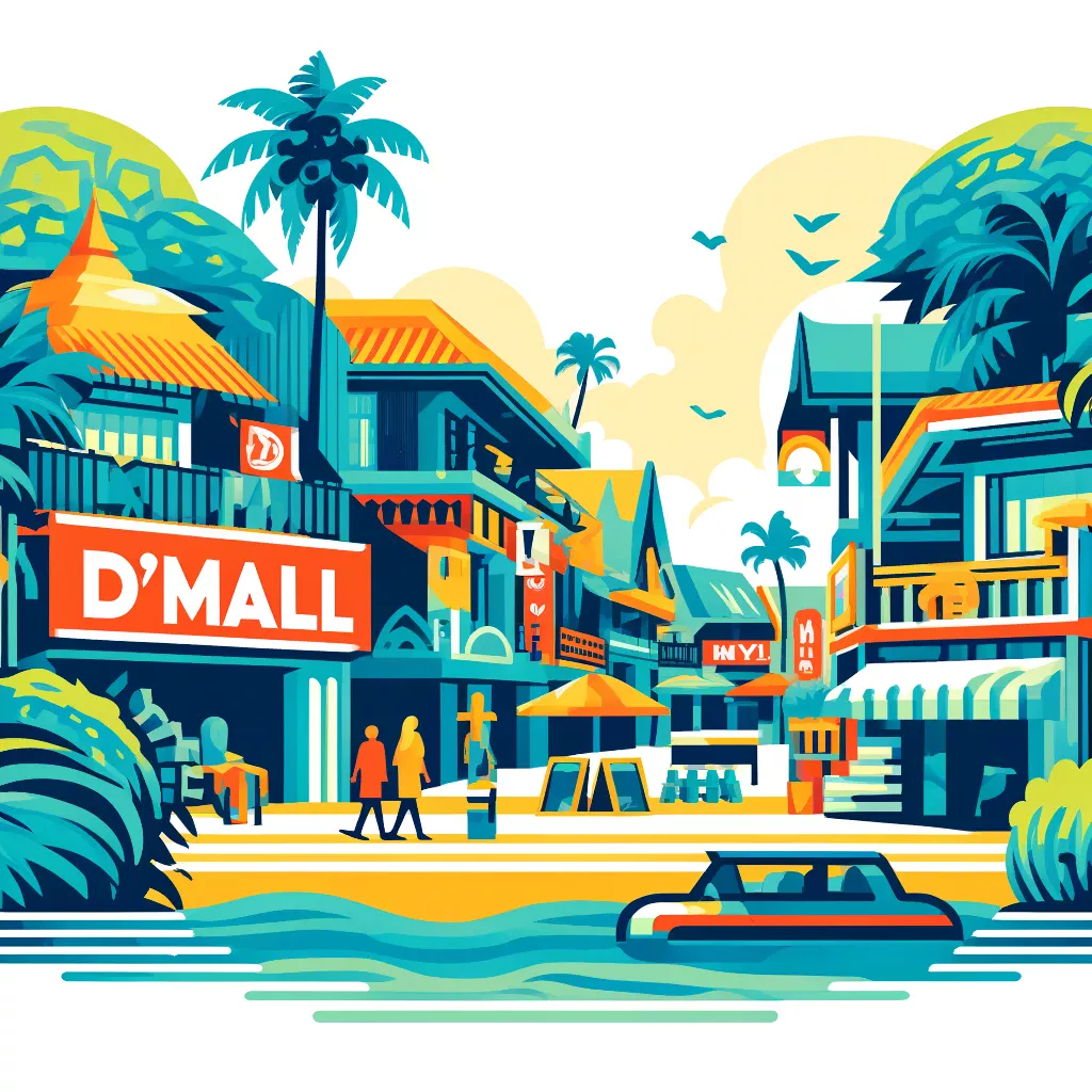 Graphic illustration of D'Mall in Boracay, Philippines. This design focuses on a colorful and stylized depiction of the outdoor shopping mall