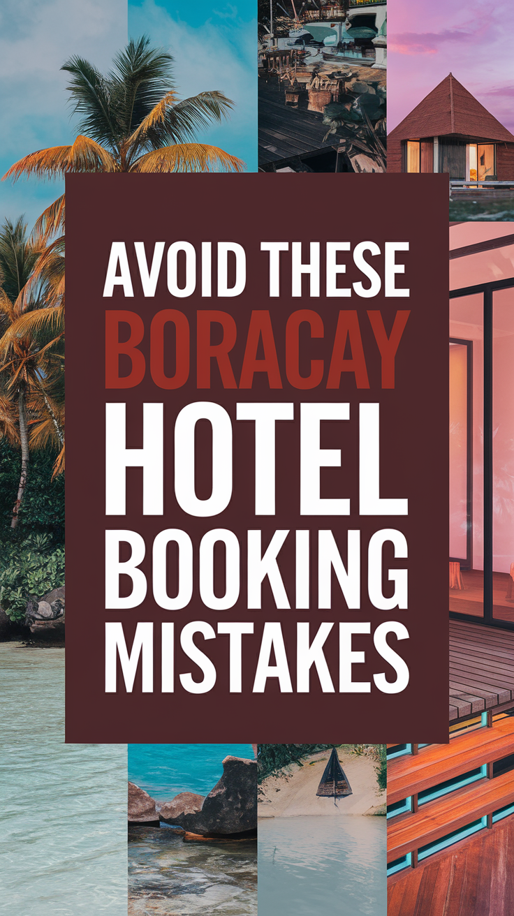 Big text overlay saying: Avoid These Boracay Hotel Booking Mistakes. It's designed to immediately grab attention with its thick, distinctive lettering set prominently in a big dark colored box, utilizing a simple yet striking bold white color for the text. Surrounding this eye-catching typography, a collage of vibrant images.