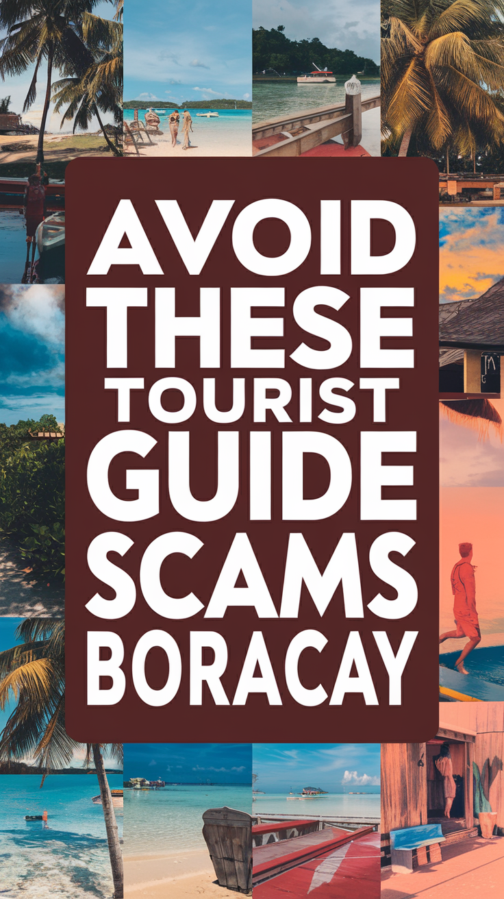Big text overlay saying "Avoid These Tourist Guide Scams Boracay" in bold white lettering within a large dark-colored box, designed for high visual impact. The background features a collage of vibrant, realistic images evoking popular tourist spots and scenes in Boracay, combining attention-grabbing typography with a visually engaging and cautionary design.