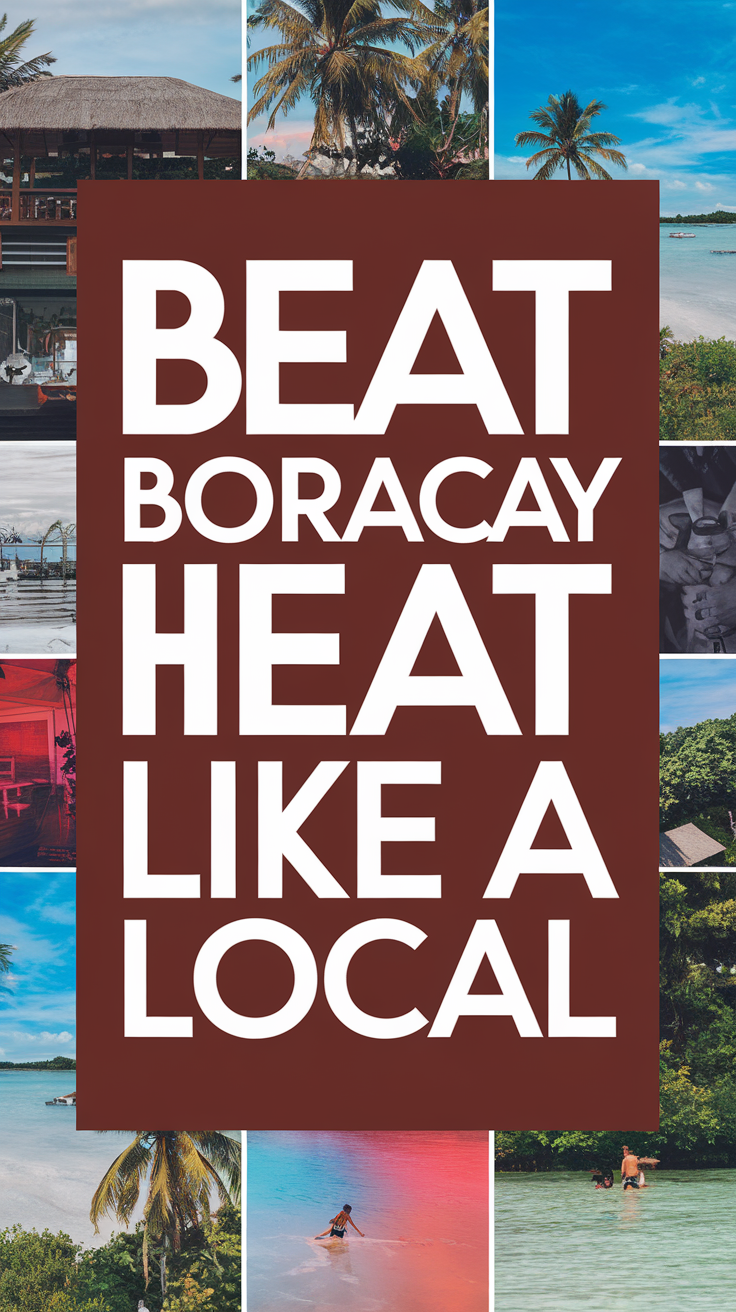 Beat Boracay Heat Like a Local with bold white text in thick, distinctive lettering set in a dark-colored box, surrounded by a vibrant collage of realistic tropical imagery conveying an energetic, summer travel vibe.