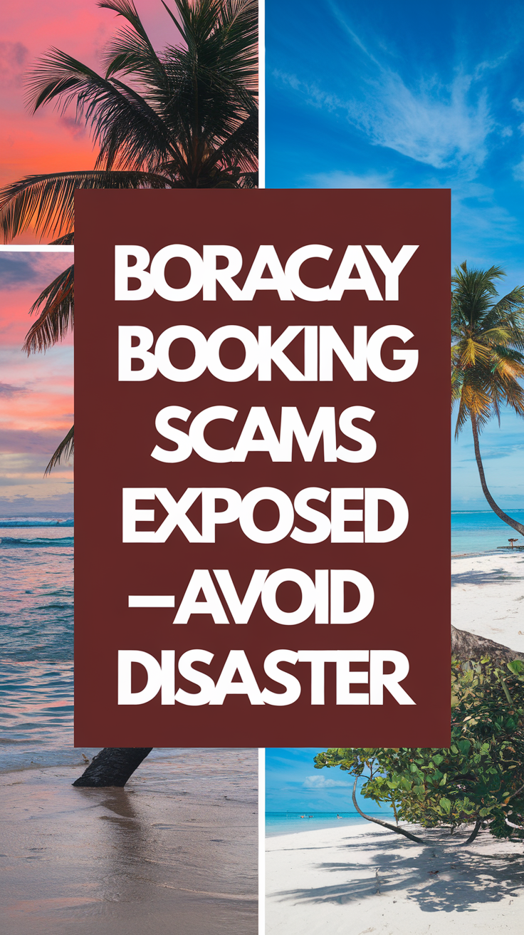 Big text overlay saying: Boracay Booking Scams Exposed—Avoid Disaster. It's designed to immediately grab attention with its thick, distinctive lettering set prominently in a big dark colored box, utilizing a simple yet striking bold white color for the text. Surrounding this eye-catching typography, a collage of vibrant images.