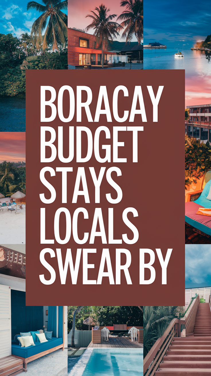 Big text overlay saying: Boracay Budget Stays Locals Swear By. It's designed to immediately grab attention with its thick, distinctive lettering set prominently in a big dark colored box, utilizing a simple yet striking bold white color for the text. Surrounding this eye-catching typography, a collage of vibrant images.