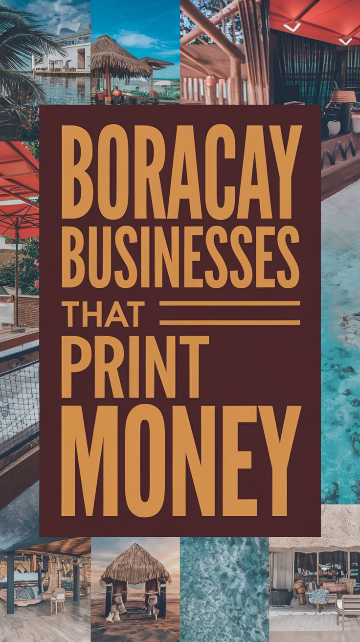 Big text overlay saying: Boracay Businesses That Print Money. It's designed to immediately grab attention with its thick, distinctive lettering set prominently in a big dark colored box, utilizing a simple yet striking bold white color for the text. Surrounding this eye-catching typography, a collage of vibrant images.