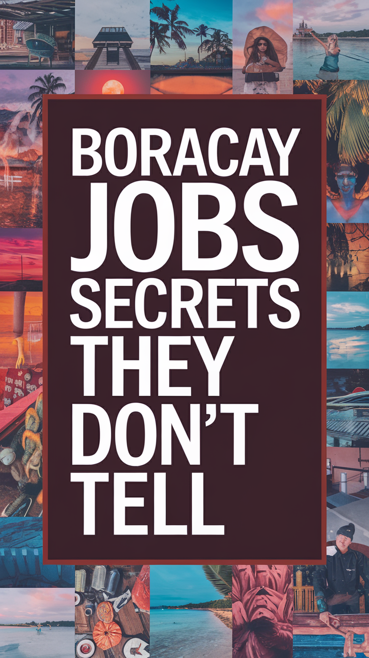 Big text overlay saying "Boracay Jobs Secrets They Don’t Tell" in bold white letters placed in a large dark-colored box, designed to immediately grab attention. Surrounded by a collage of vibrant, realistic images suggestive of tropical locations and opportunities, with a striking, clean layout intended to highlight hidden job secrets in Boracay.