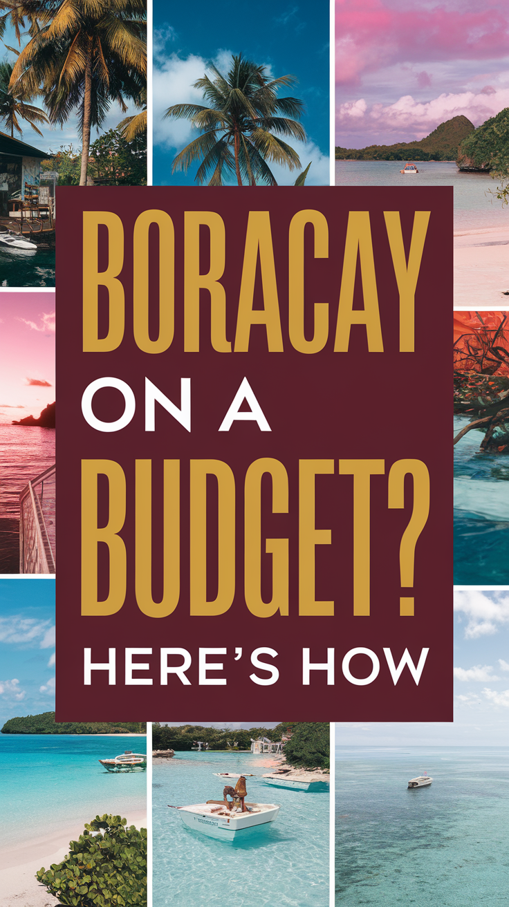 Boracay On A Budget? Here's How — attention-grabbing bold white text set in thick lettering on a dark box, overlaid on a vibrant, realistic collage of tropical travel images showcasing Boracay's beaches and budget-friendly adventure scenes.