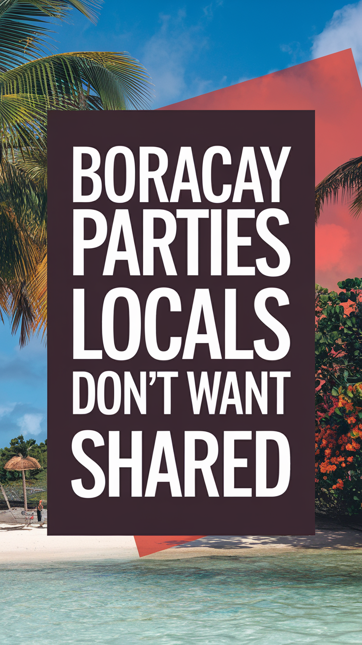 Big text overlay reading "Boracay Parties Locals Don’t Want Shared" in bold white letters on a large dark box, surrounded by a vibrant collage of realistic party and beach images designed to immediately grab attention.
