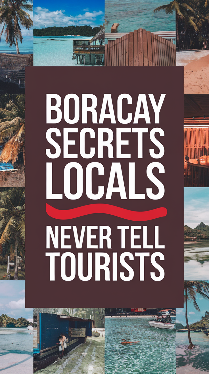 Big text overlay stating "Boracay Secrets Locals Never Tell Tourists" in bold white font on a dark-colored box, designed for maximum visual impact, surrounded by a vivid collage of realistic images showcasing hidden aspects of Boracay.