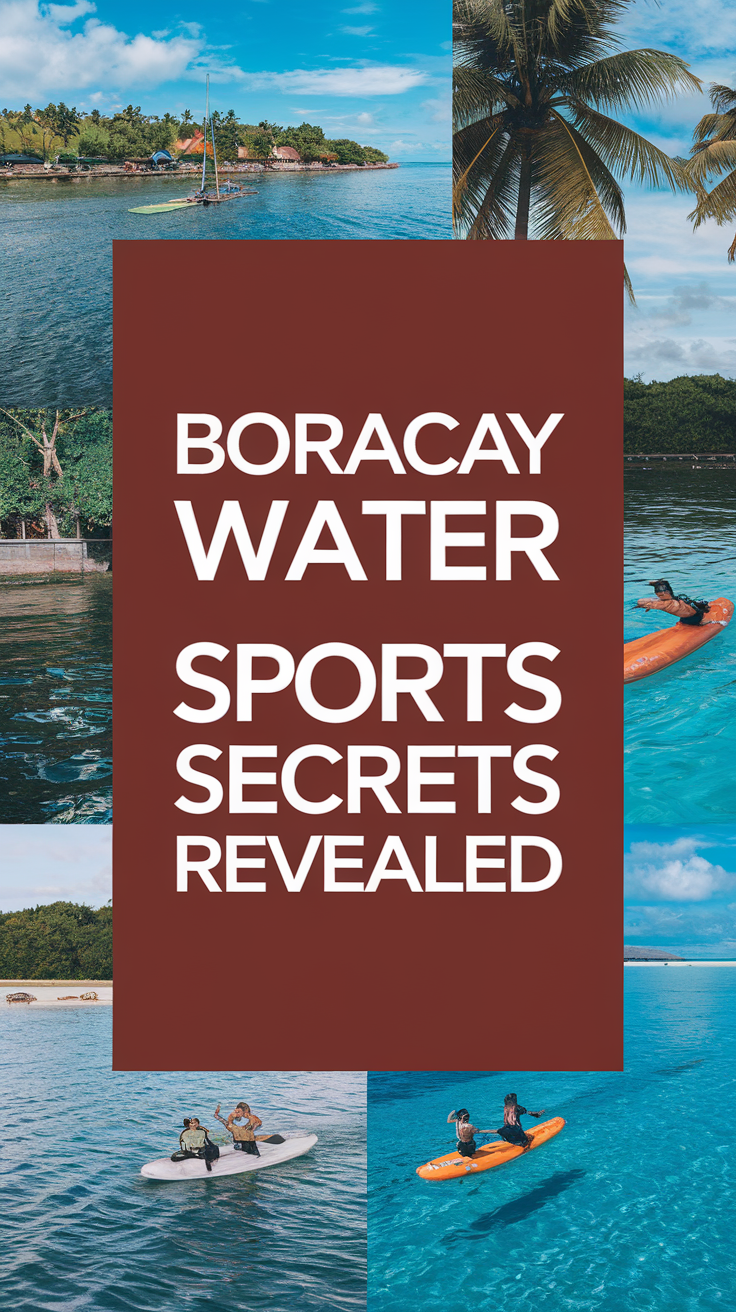 Boracay Water Sports Secrets Revealed — bold white text in thick, eye-catching lettering over a dark rectangular box, surrounded by a collage of vibrant, realistic images showcasing thrilling water sports adventures, tropical ocean backdrops, and vivid beach scenes.