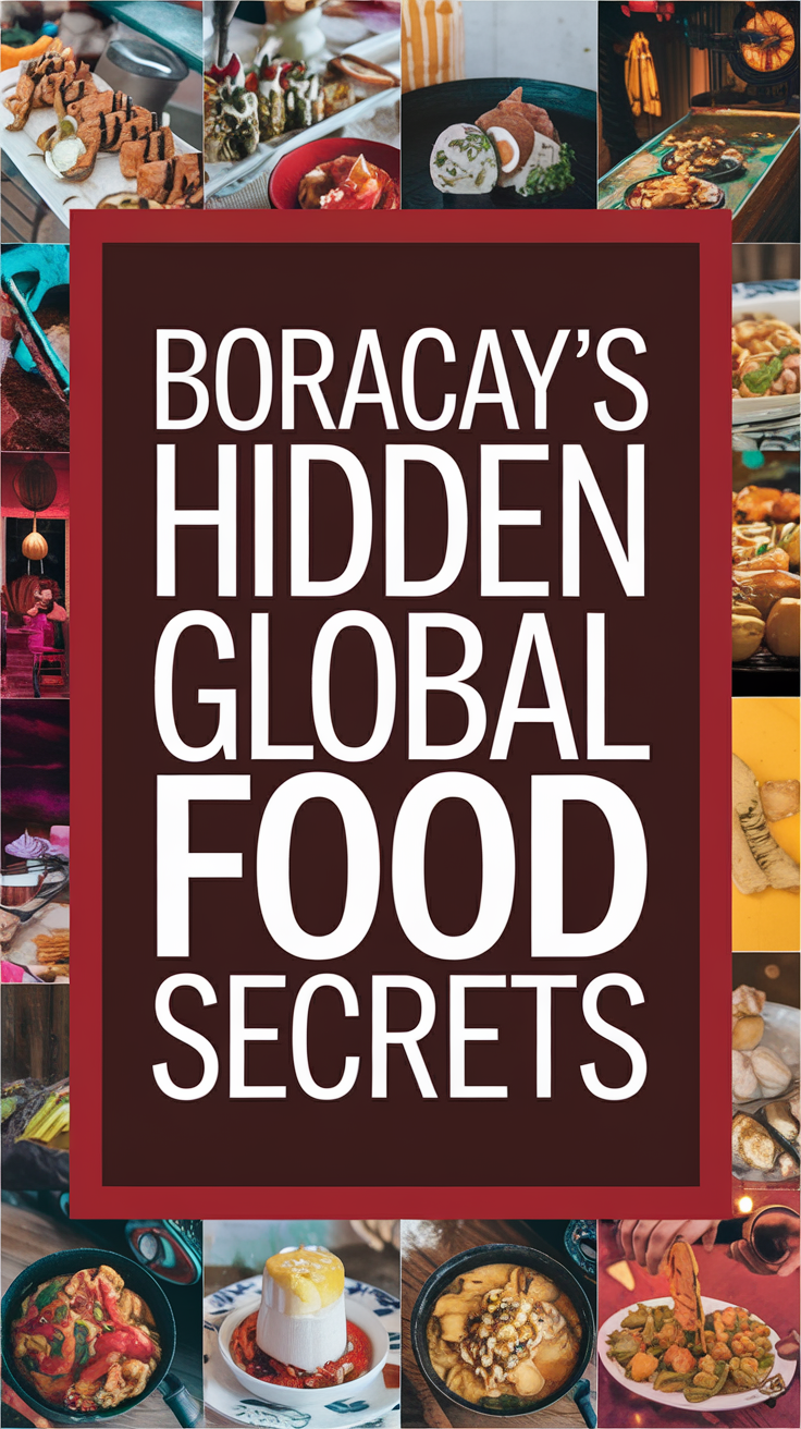 Boracay's Hidden Global Food Secrets displayed in bold white text over a dark box, surrounded by a realistic collage of vibrant international cuisine images designed to capture attention.