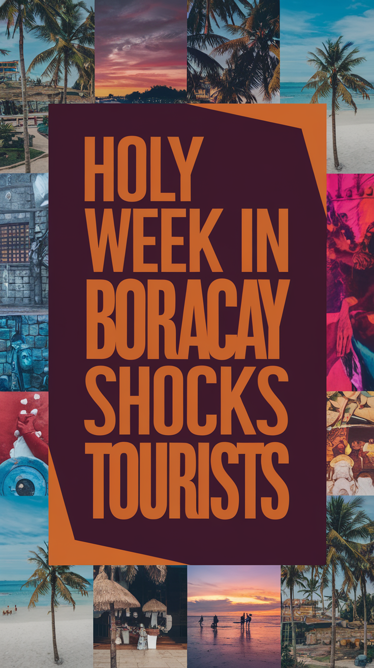 Holy Week in Boracay Shocks Tourists – A bold white headline in thick distinctive lettering placed inside a large dark-colored box grabs immediate attention, surrounded by a vibrant collage of realistic images depicting the lively atmosphere of Boracay during Holy Week.