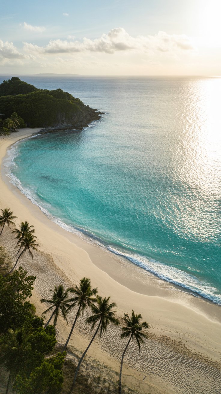 A breathtaking aerial photograph captures the pristine beauty of Puka Beach on Boracay Island. The scene showcases the iconic white sand beach curving gently along the turquoise coastline, dotted with a few scattered palm trees leaning towards the ocean. The water transitions from a shallow, crystalline turquoise near the shore to a deeper sapphire blue further out, reflecting the bright midday sun. Soft, diffused sunlight bathes the entire scene, highlighting the textures of the sand and the gentle waves rolling onto the shore.