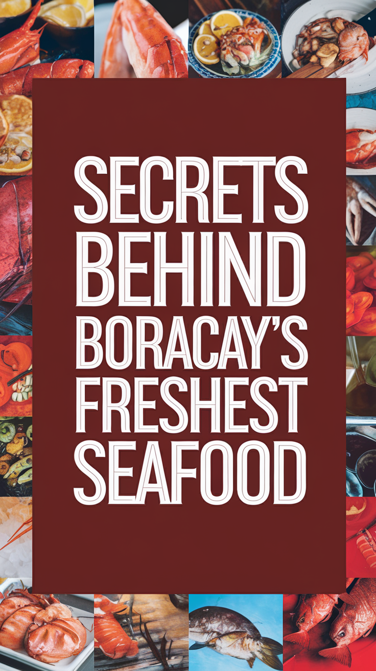Big text overlay saying: Secrets Behind Boracay’s Freshest Seafood. It's designed to immediately grab attention with its thick, distinctive lettering set prominently in a big dark colored box, utilizing a simple yet striking bold white color for the text. Surrounding this eye-catching typography, a collage of vibrant images.