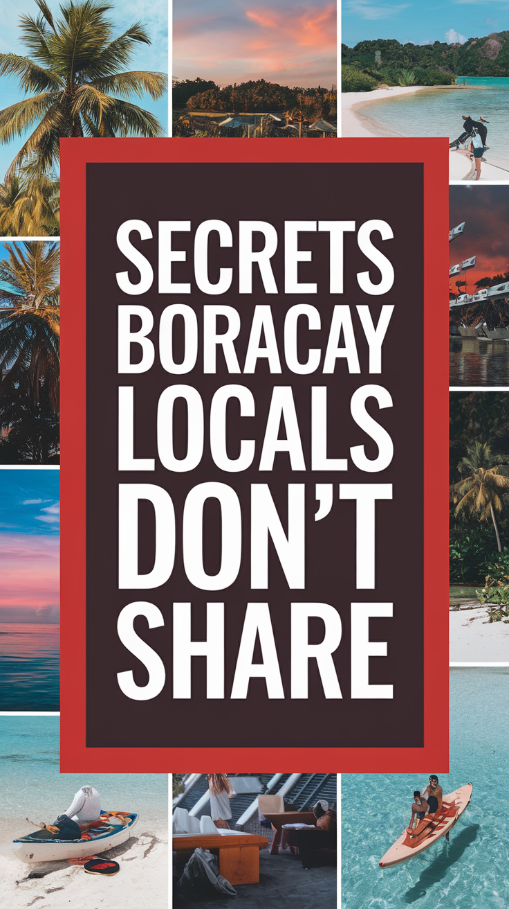 Big text overlay saying: Secrets Boracay Locals Don’t Share, designed in thick bold white lettering on a large dark-colored box for high visibility; background features a vibrant collage of realistic images representing Boracay's hidden gems and local culture.