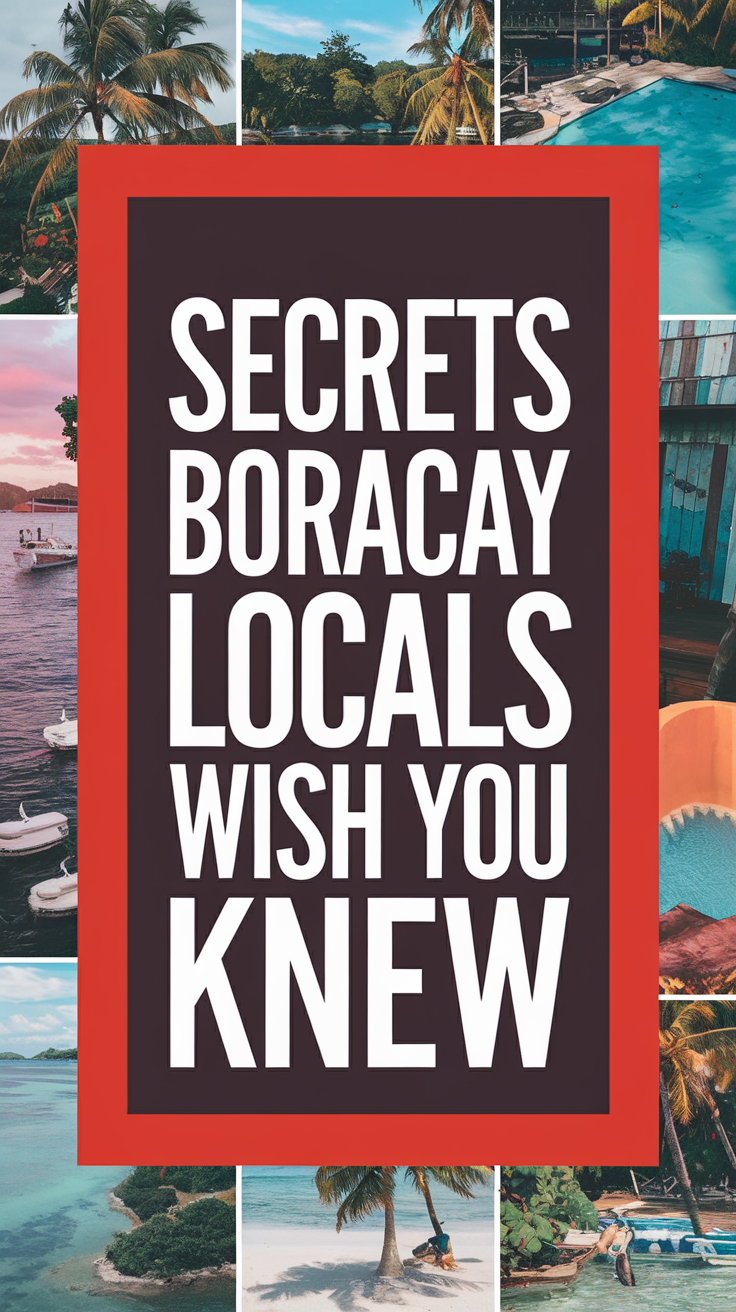 Big text overlay saying: Secrets Boracay Locals Wish You Knew. It's designed to immediately grab attention with its thick, distinctive lettering set prominently in a big dark colored box, utilizing a simple yet striking bold white color for the text. Surrounding this eye-catching typography, a collage of vibrant images.