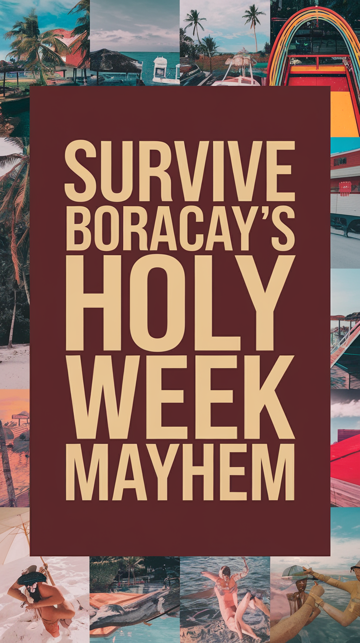 Big text overlay saying: "Survive Boracay’s Holy Week Mayhem" in thick, bold white letters inside a dark-colored box, surrounded by a vibrant collage of realistic images capturing the energy and chaos of Boracay during Holy Week.