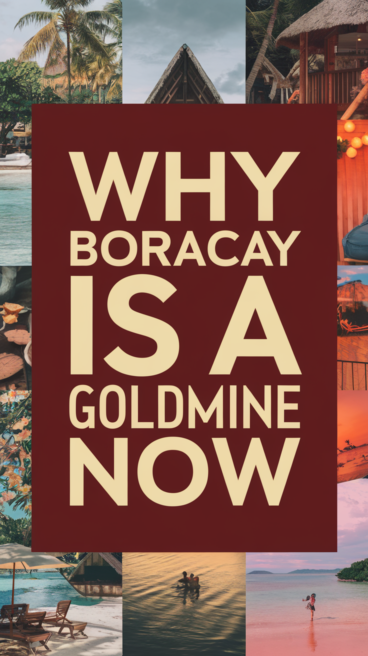 Big text overlay saying: Why Boracay Is a Goldmine Now. It's designed to immediately grab attention with its thick, distinctive lettering set prominently in a big dark colored box, utilizing a simple yet striking bold white color for the text. Surrounding this eye-catching typography, a collage of vibrant images.