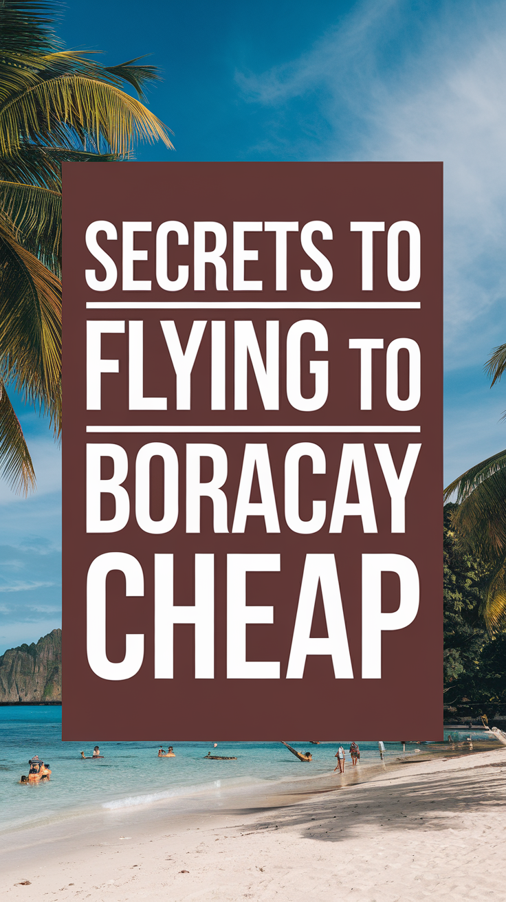 Big text overlay saying: Secrets to Flying to Boracay Cheap. It's designed to immediately grab attention with its thick, distinctive lettering set prominently in a big dark colored box, utilizing a simple yet striking bold white color for the text. Surrounding this eye-catching typography, a collage of vibrant images.