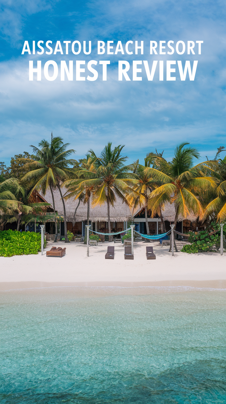 A photo of Aissatou Beach Resort featuring a pristine beachfront with white sand and turquoise waters, lined with palm trees and sun loungers. Thatched-roof buildings and hammocks enhance the tropical ambiance under a mostly clear sky with a few clouds, accompanied by the text overlay "Aissatou Beach Resort Honest Review."