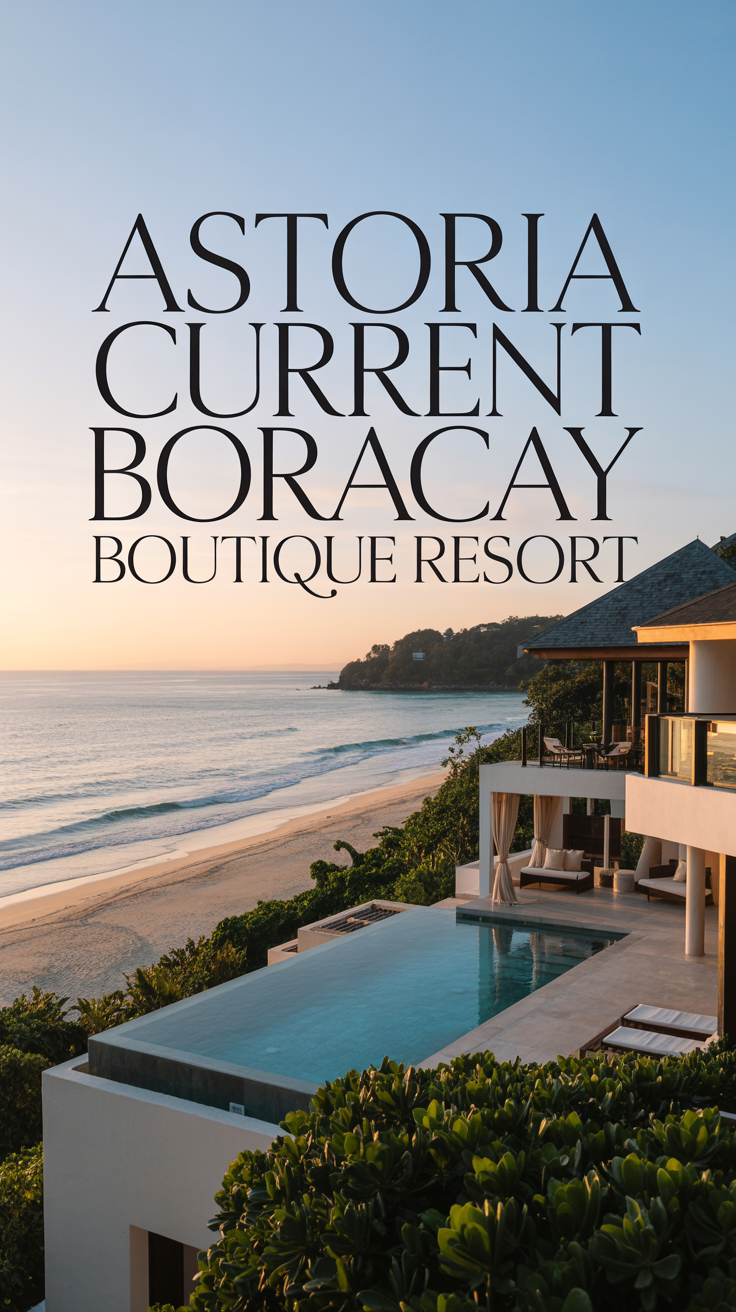 A luxurious lifestyle advertisement showcasing the Astoria Current Boracay Boutique Resort, featuring a wide-angle shot of a private infinity pool overlooking a pristine white-sand beach and turquoise ocean at sunset. The scene is bathed in warm, golden light, highlighting the modern architecture of the resort and the calm, inviting water of the pool, with strategically placed lounge chairs and tropical foliage adding to the sense of exclusive relaxation. Large, elegant text overlayed across the top of the image reads "Astoria Current Boracay Boutique Resort" in a sophisticated, clean font, while the overall aesthetic is one of understated elegance and aspirational travel, perfectly capturing the resort's refined and tranquil ambiance.