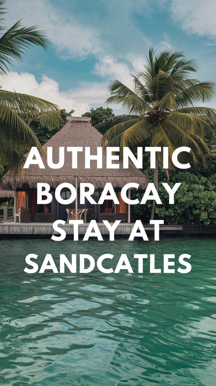 Authentic Boracay stay at Sandcastles displayed in large, bold text over a realistic beach scene, capturing the tropical atmosphere of a seaside resort.