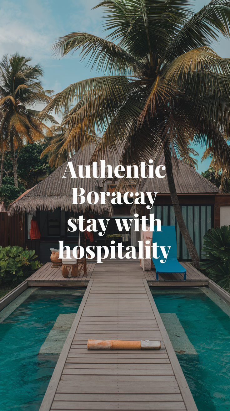 Authentic Boracay stay with hospitality, realistic style, featuring big bold text overlay promoting genuine island experience – coastal scenery in vertical 736x1312 resolution.