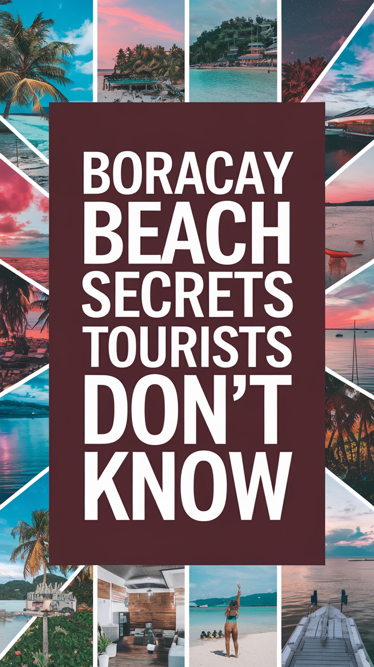 Boracay Beach Secrets Tourists Don't Know in bold white text set in a thick dark box, surrounded by a vibrant collage of tropical beach scenery, designed to grab attention with high contrast and realistic visual style.