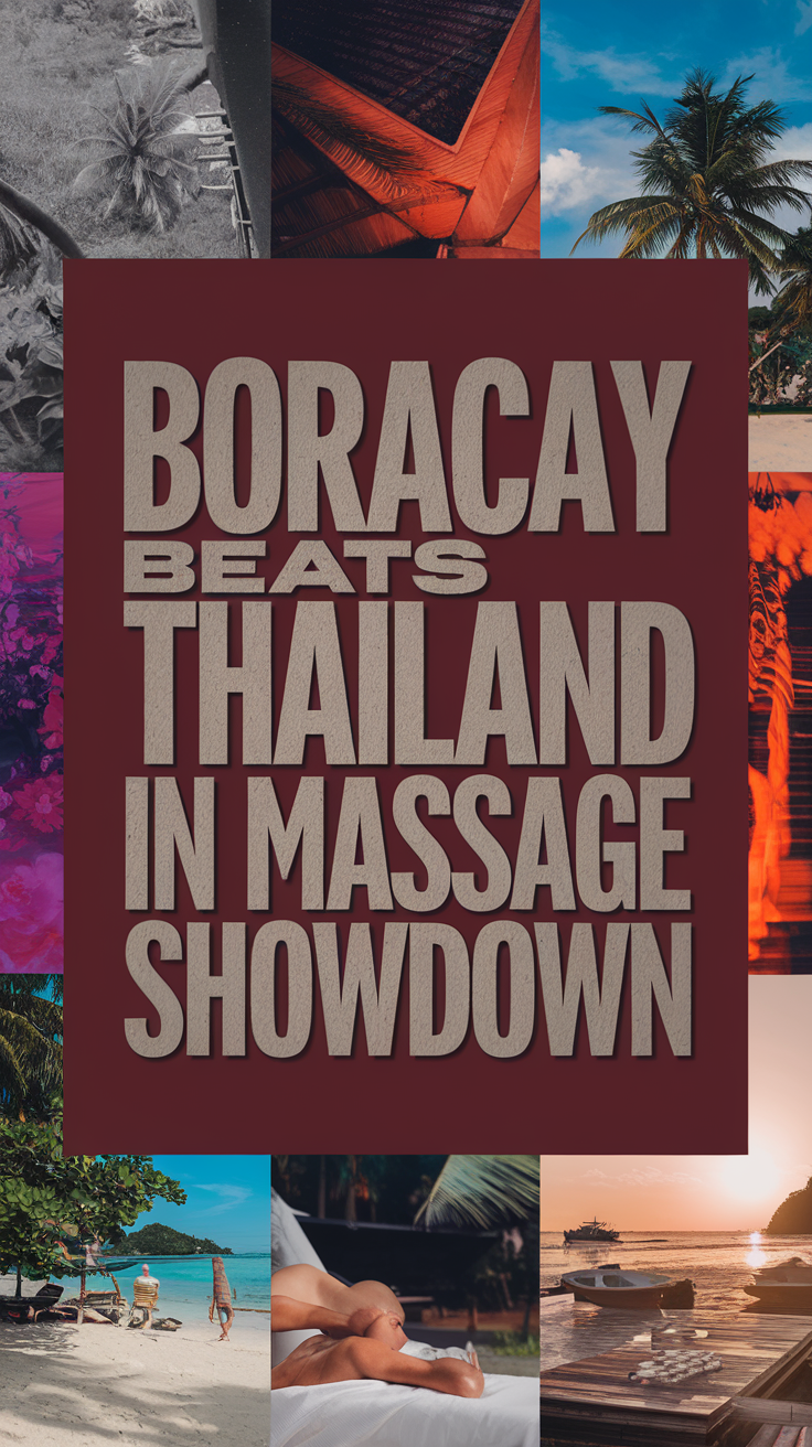 Boracay Beats Thailand in Massage Showdown – bold white text prominently featured in a large dark box with thick lettering, surrounded by a vibrant photo collage highlighting spa and massage experiences in a realistic style.