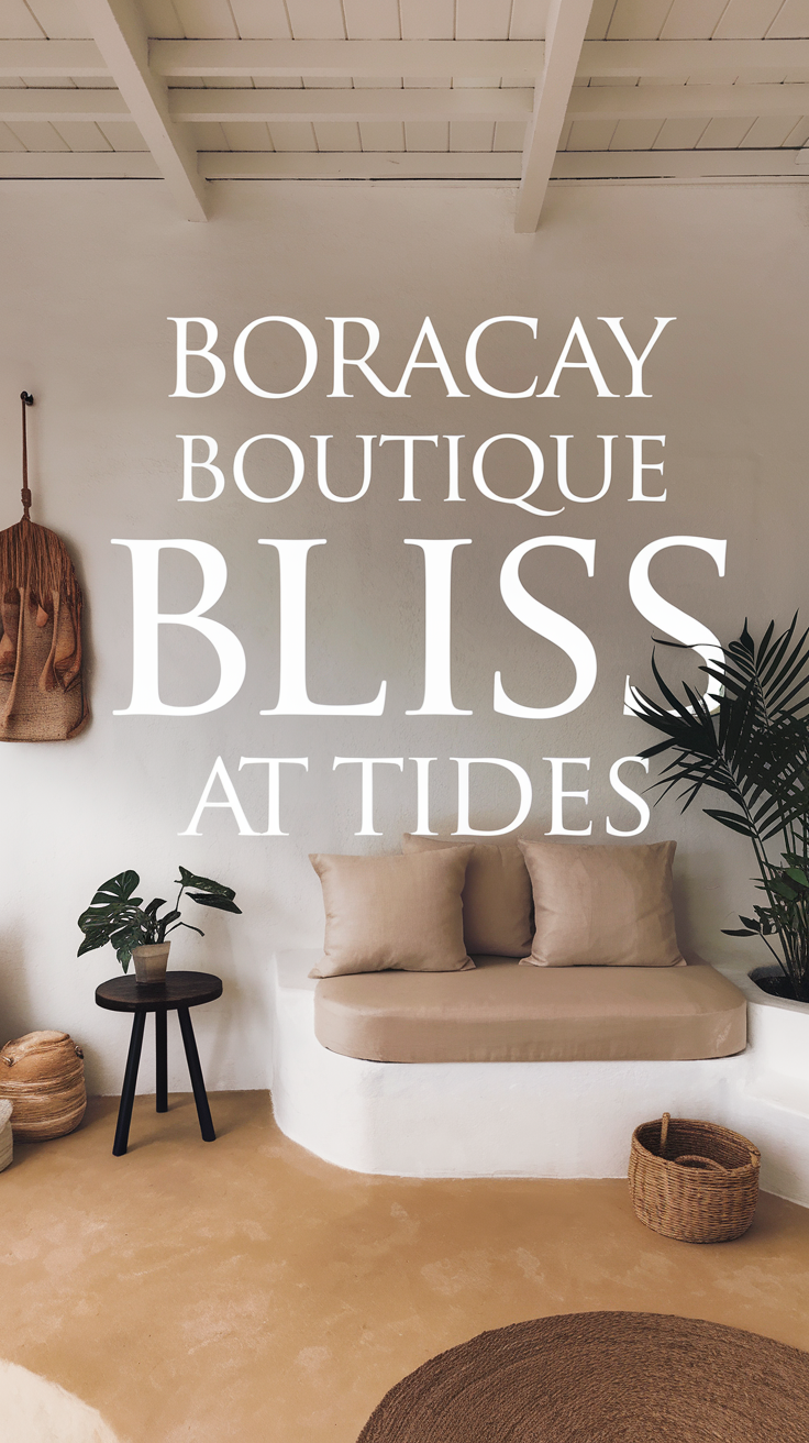 A photo of a white room featuring a beige couch, a small table, and a potted plant, with soft lighting and minimalistic decor; large text on the wall reads "Boracay Boutique Bliss at Tides", and the beige flooring complements the serene atmosphere.
