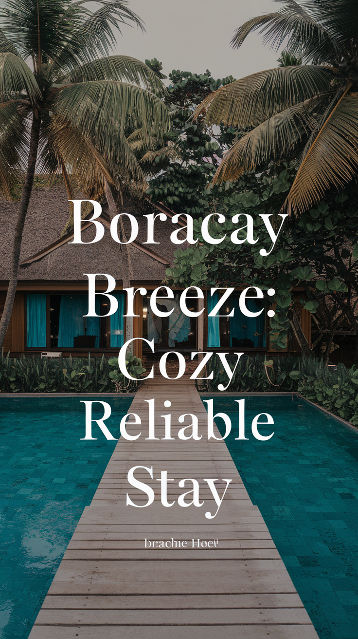 Big text overlay saying: Boracay Breeze Hotel: Cozy Reliable Stay. Don't add any other text
