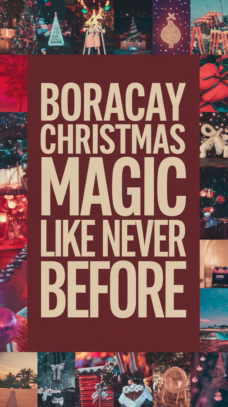 Big text overlay saying: Boracay Christmas Magic Like Never Before. It's designed to immediately grab attention with its thick, distinctive lettering set prominently in a big dark colored box, utilizing a simple yet striking bold white color for the text. Surrounding this eye-catching typography, a collage of vibrant images. Alt Tag: Bold white text "Boracay Christmas Magic Like Never Before" displayed in a large dark box, surrounded by a vivid collage of festive and tropical images capturing the vibrant holiday spirit of Boracay.