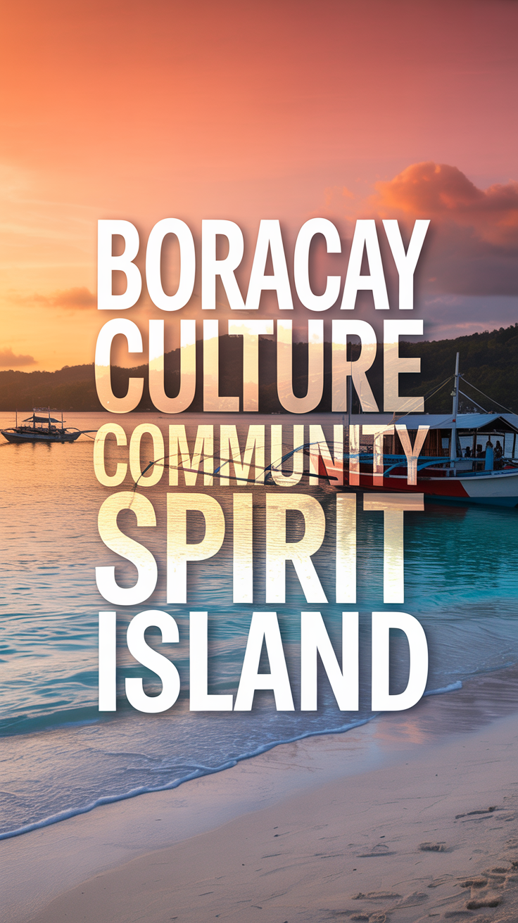 A vibrant travel poster showcasing the spirit of Boracay Island, featuring a picturesque sunset over white sand beach with crystal-clear turquoise waters, traditional Filipino outrigger boats silhouetted against a colorful sky, and bold stylized text reading "Boracay Culture Community Spirit Island" in flowing script with a warm golden glow, all set against a soft gradient of orange and pink hues evoking tropical paradise and communal harmony.