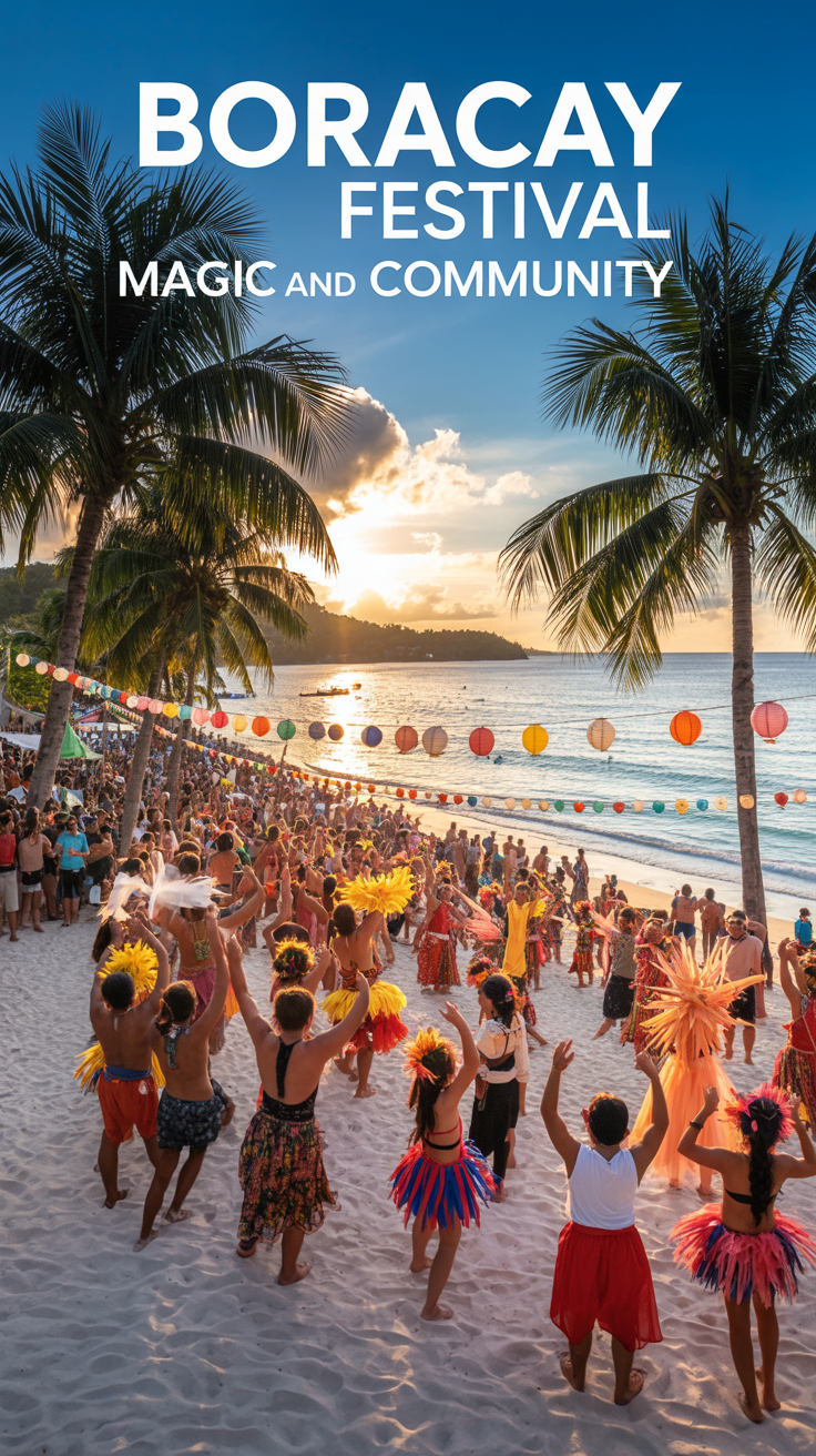 A vibrant travel poster showcasing "Boracay Festival Magic and Community" with a wide panoramic view of White Beach at sunset. The main focus is a joyous crowd of people celebrating with traditional Filipino dances and vibrant costumes, all bathed in warm golden light reflecting off the turquoise water. Palm trees line the beach, framing the scene, and colorful lanterns are strung between them, creating a festive atmosphere. The overall composition evokes a sense of unity, celebration, and the enchanting beauty of Boracay.