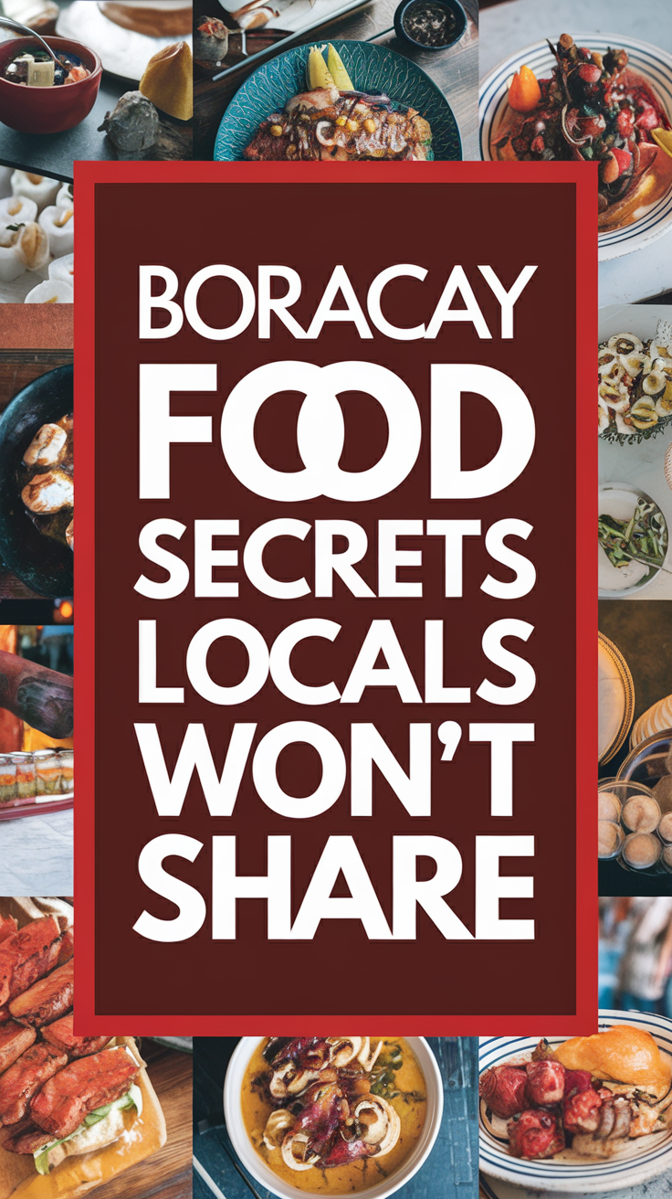 Big text overlay saying: Boracay Food Secrets Locals Won’t Share. It's designed to immediately grab attention with its thick, distinctive lettering set prominently in a big dark colored box, utilizing a simple yet striking bold white color for the text. Surrounding this eye-catching typography, a collage of vibrant images.