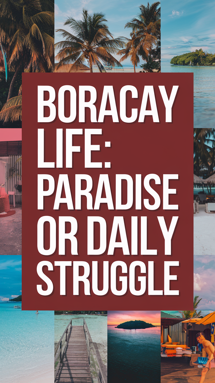 Big text overlay saying: Boracay Life: Paradise or Daily Struggle. It's designed to immediately grab attention with its thick, distinctive lettering set prominently in a big dark colored box, utilizing a simple yet striking bold white color for the text. Surrounding this eye-catching typography, a collage of vibrant images.