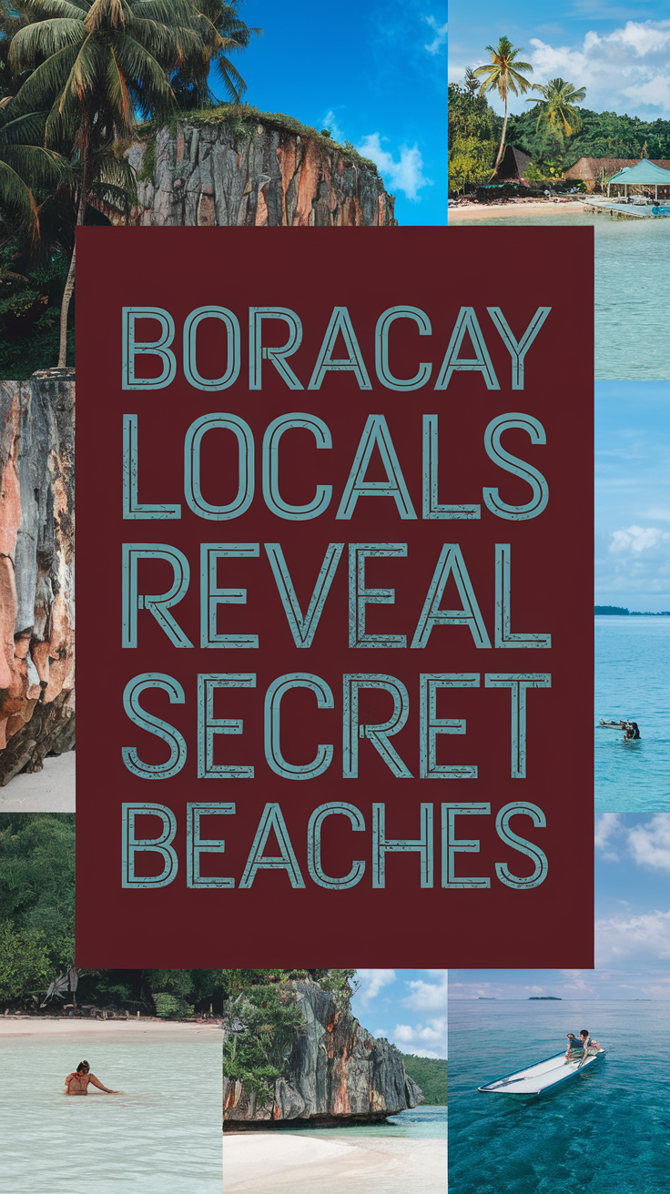 Boracay Locals Reveal Secret Beaches — Bold white text in thick lettering on a dark box overlay, set above a vibrant collage of realistic beach and island imagery, creating an eye-catching and attention-grabbing visual.