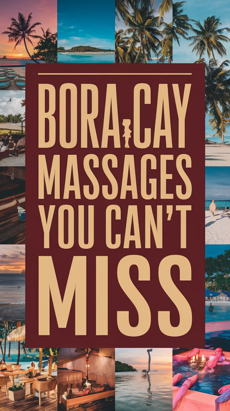 Boracay Massages You Can't Miss – A bold, high-contrast text overlay in thick white font on a dark backdrop, surrounded by a vivid collage of relaxing spa and tropical beach imagery, designed to instantly grab attention and convey a luxurious massage experience in a realistic style.