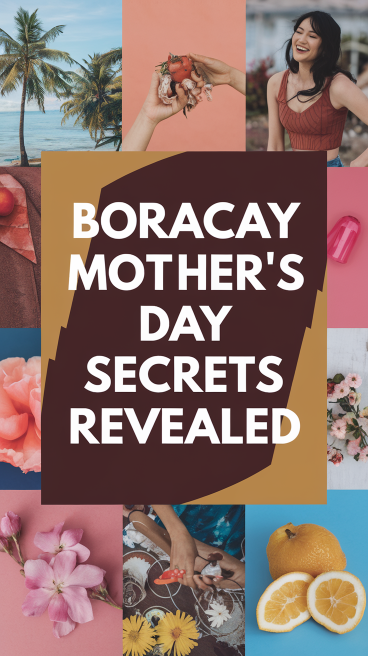 Boracay Mother’s Day Secrets Revealed, bold white text in a thick distinctive font over a dark box, surrounded by a vibrant, realistic photo collage capturing joyful Mother's Day moments on the beach, tropical scenery, and colorful celebrations.