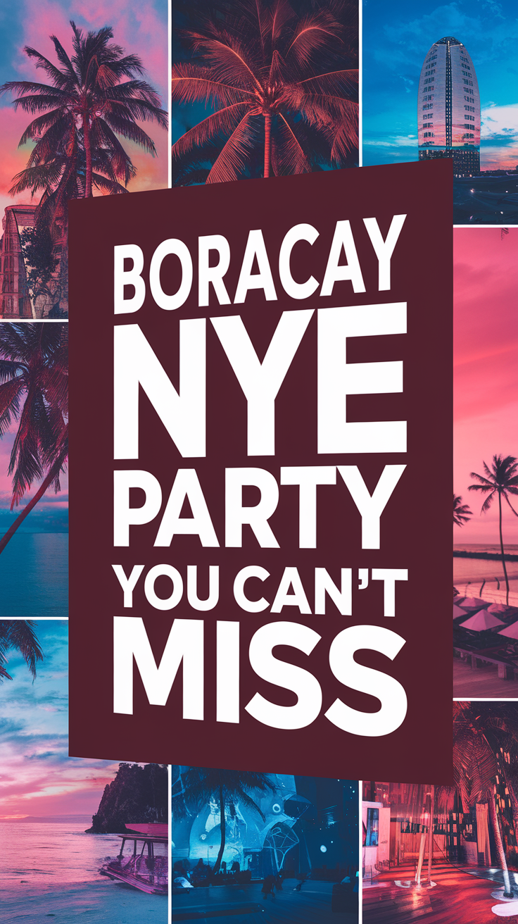 Boracay NYE Party promotional poster featuring bold white text in thick lettering inside a dark box, surrounded by a vibrant collage of festive and tropical images, all designed in a realistic style to capture attention.