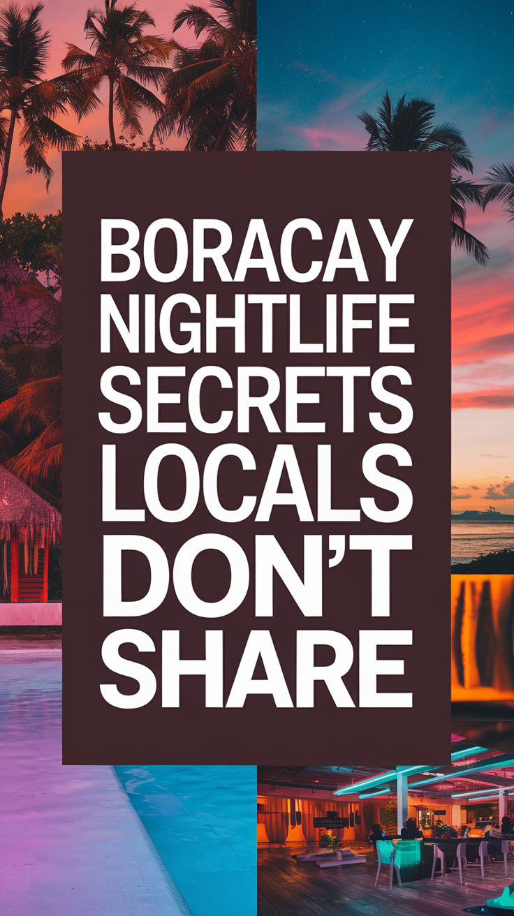Big text overlay reading "Boracay Nightlife Secrets Locals Don't Share" in bold white lettering on a dark box, surrounded by a vibrant collage of realistic nighttime images depicting lively Boracay scenes.