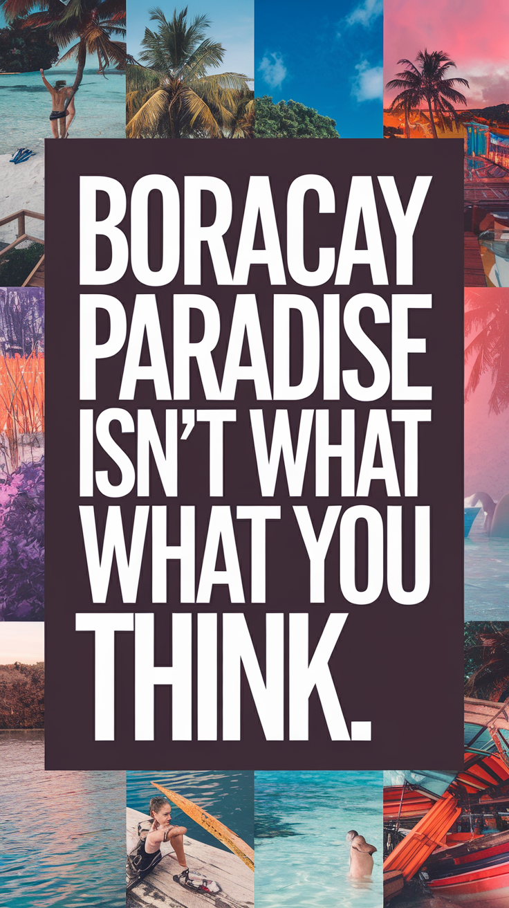 Big text overlay saying “Boracay Paradise Isn't What You Think” in bold white font inside a dark box, surrounded by a vibrant collage of realistic images capturing contrasting scenes of Boracay’s beaches, tourist areas, and local life, designed to grab attention and challenge expectations.