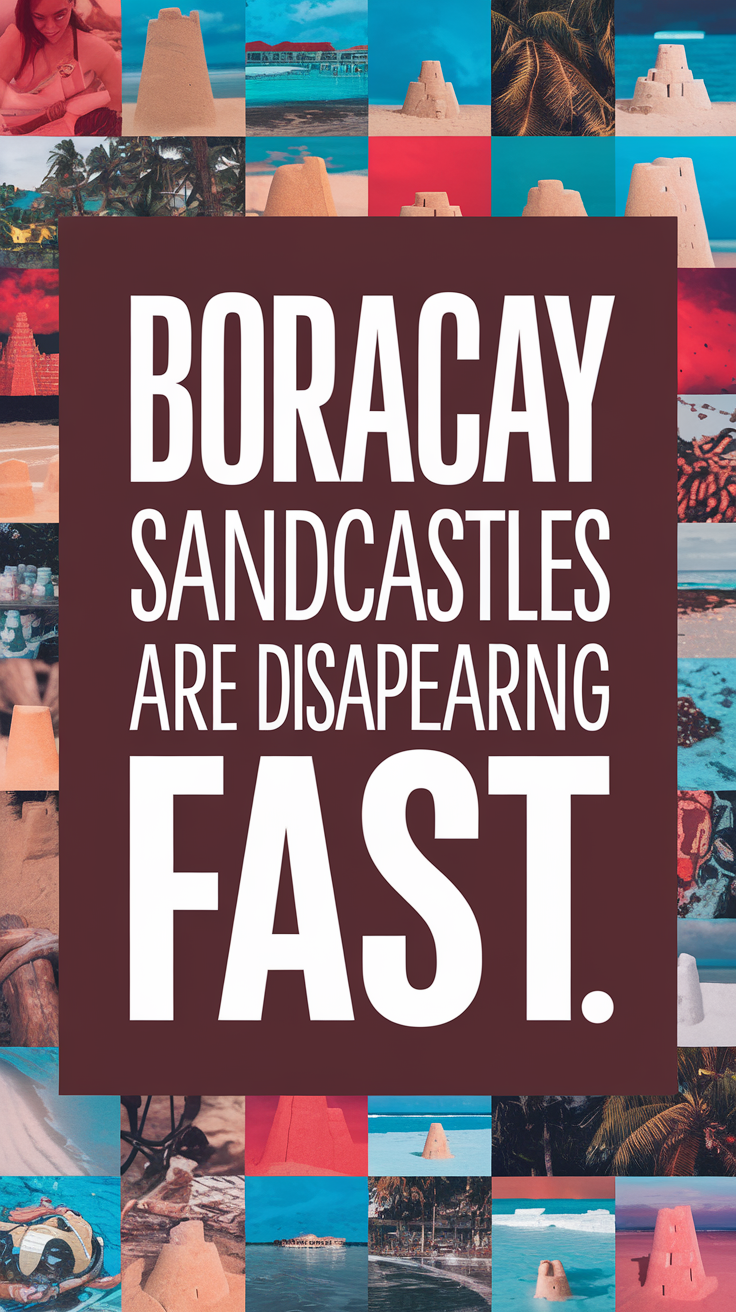 Big text overlay saying: Boracay Sandcastles Are Disappearing Fast. It's designed to immediately grab attention with its thick, distinctive lettering set prominently in a big dark colored box, utilizing a simple yet striking bold white color for the text. Surrounding this eye-catching typography, a collage of vibrant images. Alt Tag: Bold white text in a dark box stating “Boracay Sandcastles Are Disappearing Fast,” overlaid on a vivid collage of images, designed for strong visual impact.